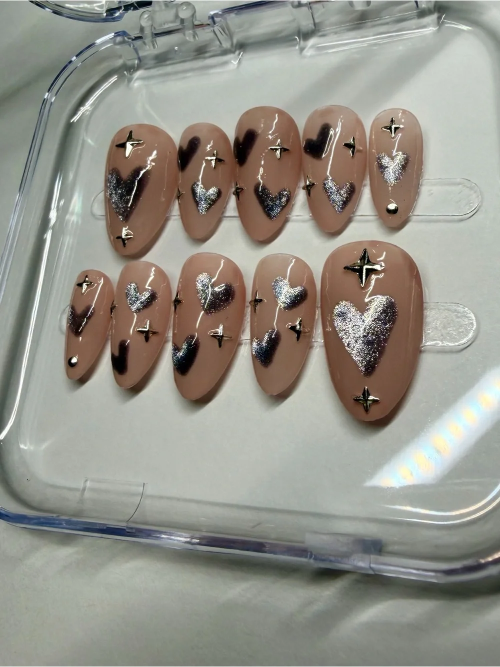 Handmade Heart Design + Stars Press-on Nails